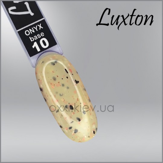 Camouflage base LUXTON Onyx Base 10, soft yellow with black-white flakes and peach foil flakes, 10 ml