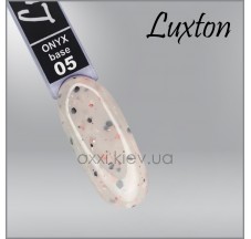 בסיס קמופלאז’ LUXTON Onyx Base 5, לבן-קרמי עם פתיתים שחורים ופתיתי פויל אפרסק, 10 מ״ל