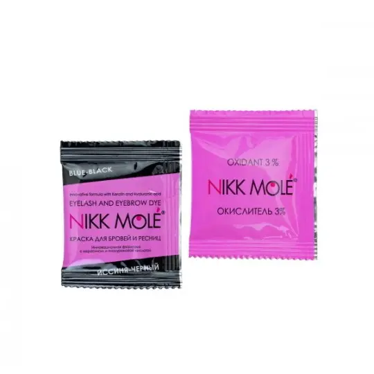NIKK MOLE גוון כחול-שחור לשקיקי גבות וריסים (8) + מחמצן קרם 3% לכל שקית (8) כל חבילה מכילה 8 שקיות צבע + 8 שקיות של מחמצן קרם 3%
