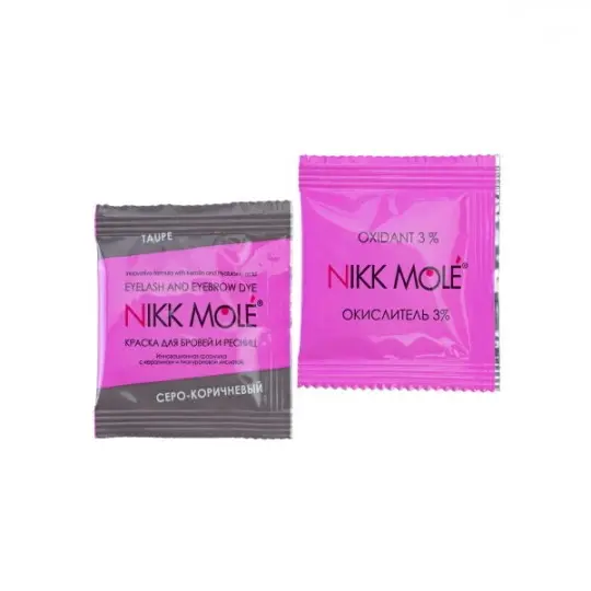 صبغة الحاجب NIKK MOLE لهجة الرمادي والبني كيس (5 مل) + كريم مؤكسد 3٪ في كيس (5 مل)